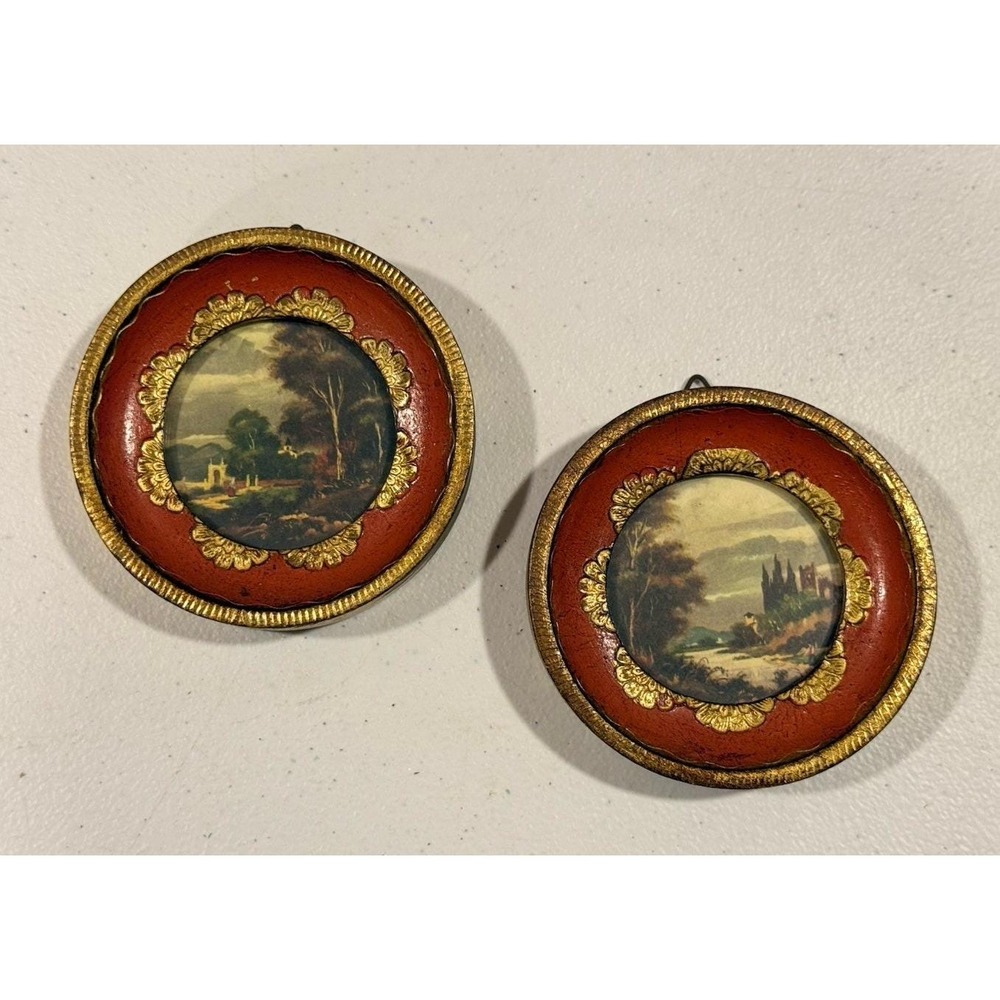 VTG Italian Landscape Artist Painting Miniature Round Tondo Frame 3.25" Set Of 2